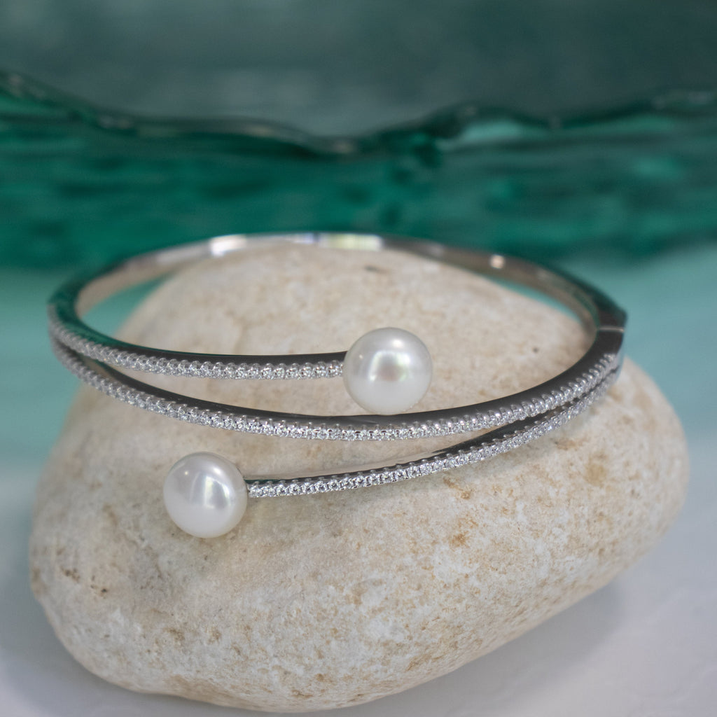 Bangle Freshwater Pearl CZ Bracelet - Gold or Silver