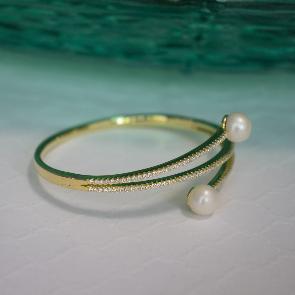 Bangle Freshwater Pearl CZ Bracelet - Gold or Silver