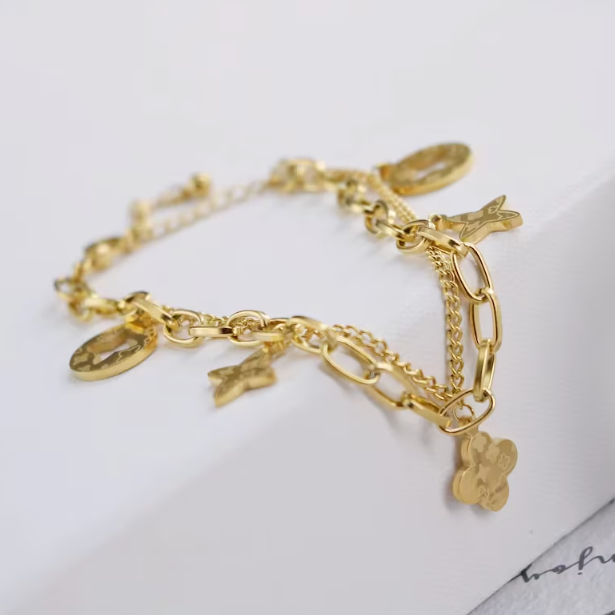 Four Leaf Clover Charms Bracelet - Gold and Silver