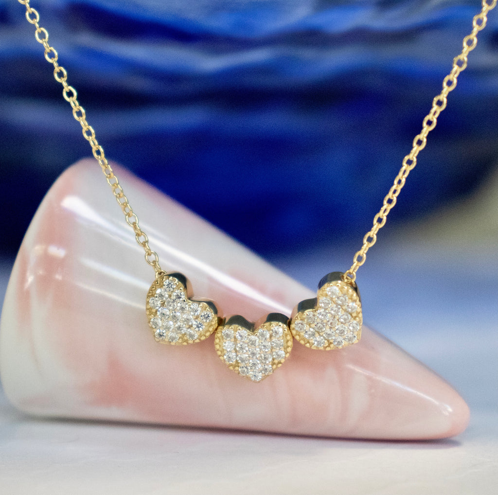 Triple CZ Heart Necklace - Gold or Silver
