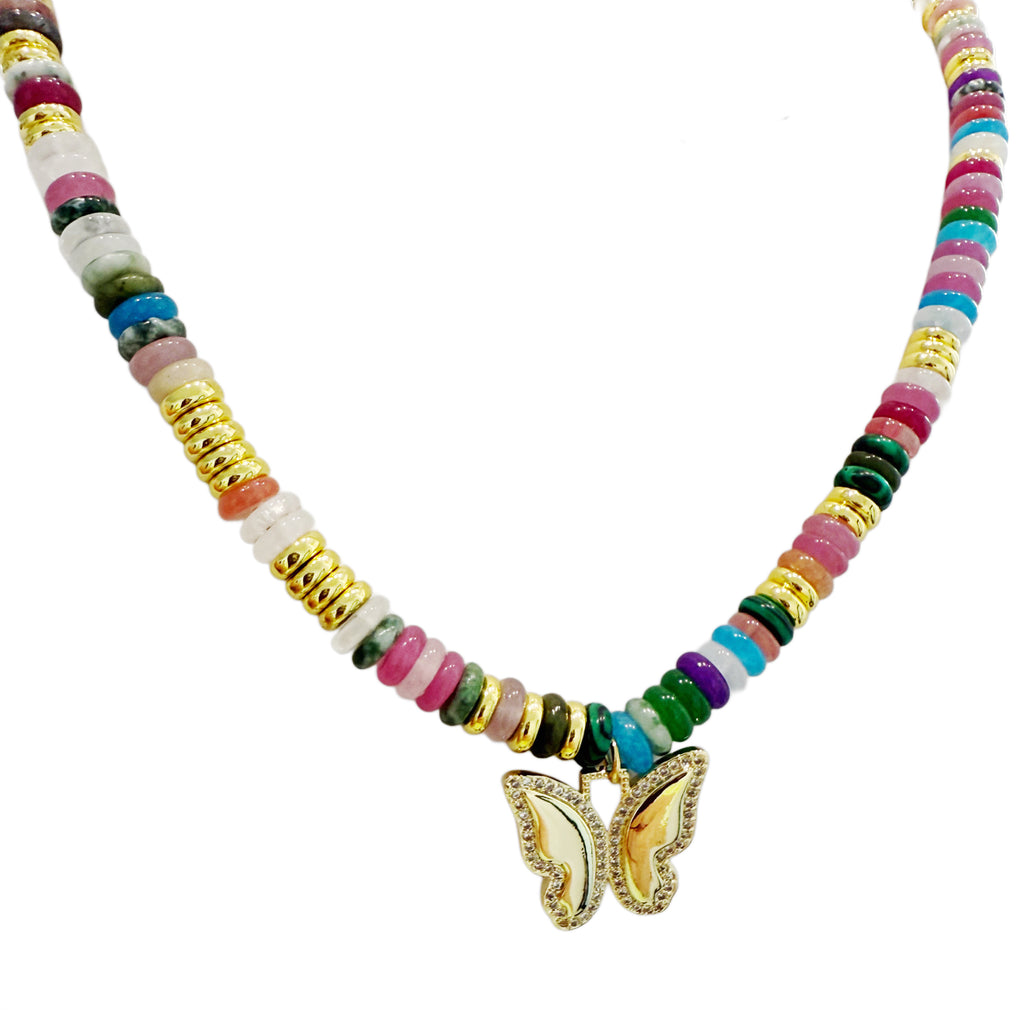 Beaded Gemstone Choker Butterfly Necklace - 14K Gold Plated