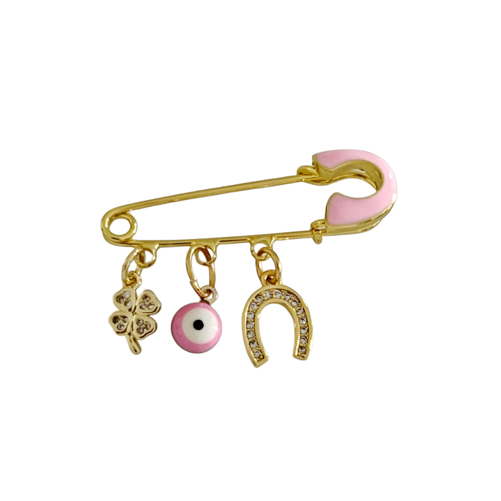 4 CM Pink Enamel Protection Pin With a Clover and Horseshoe Charms - Gold