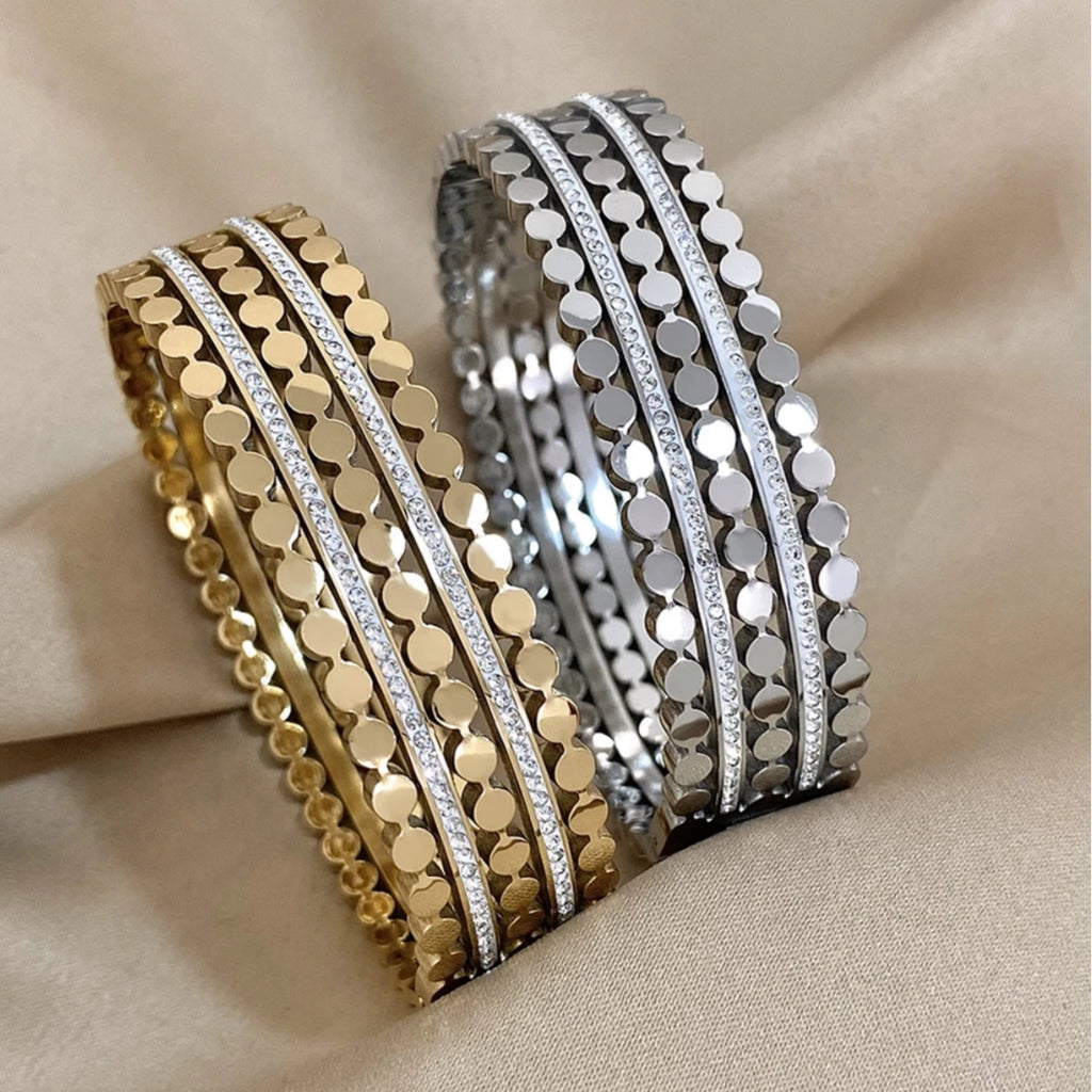 CZ Multiple Rows Stainless Steel Bangle Bracelet - Gold and Silver