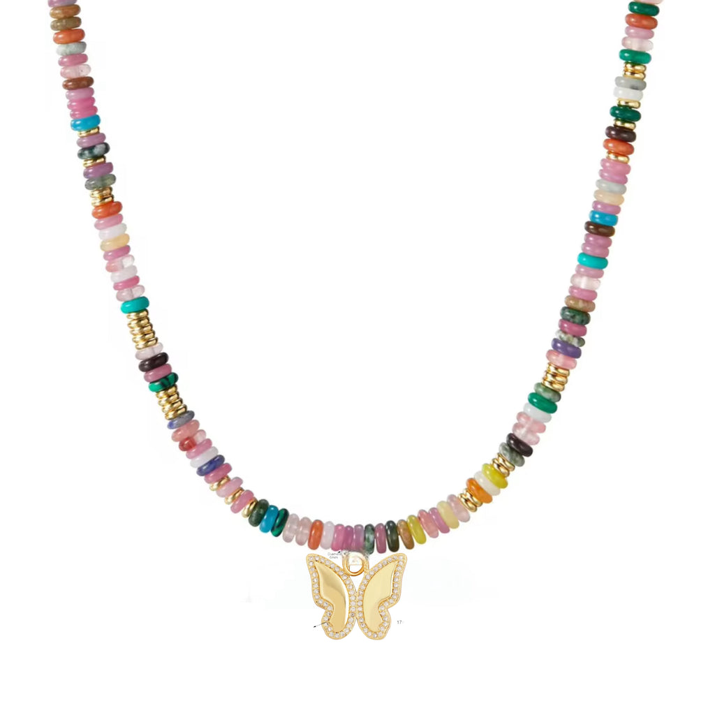 Beaded Gemstone Choker Butterfly Necklace - 14K Gold Plated