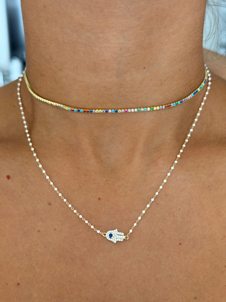 Sterling Silver Gold Plated CZ Hamsa Beaded Necklace