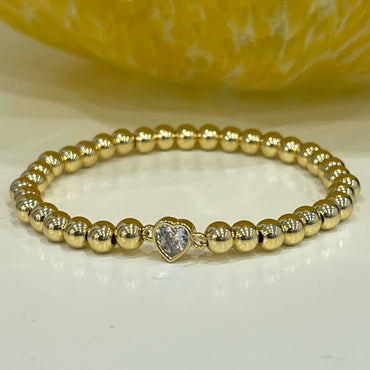 CZ Heart Stretch 5 mm Beaded Bracelet - 14k Gold Plated