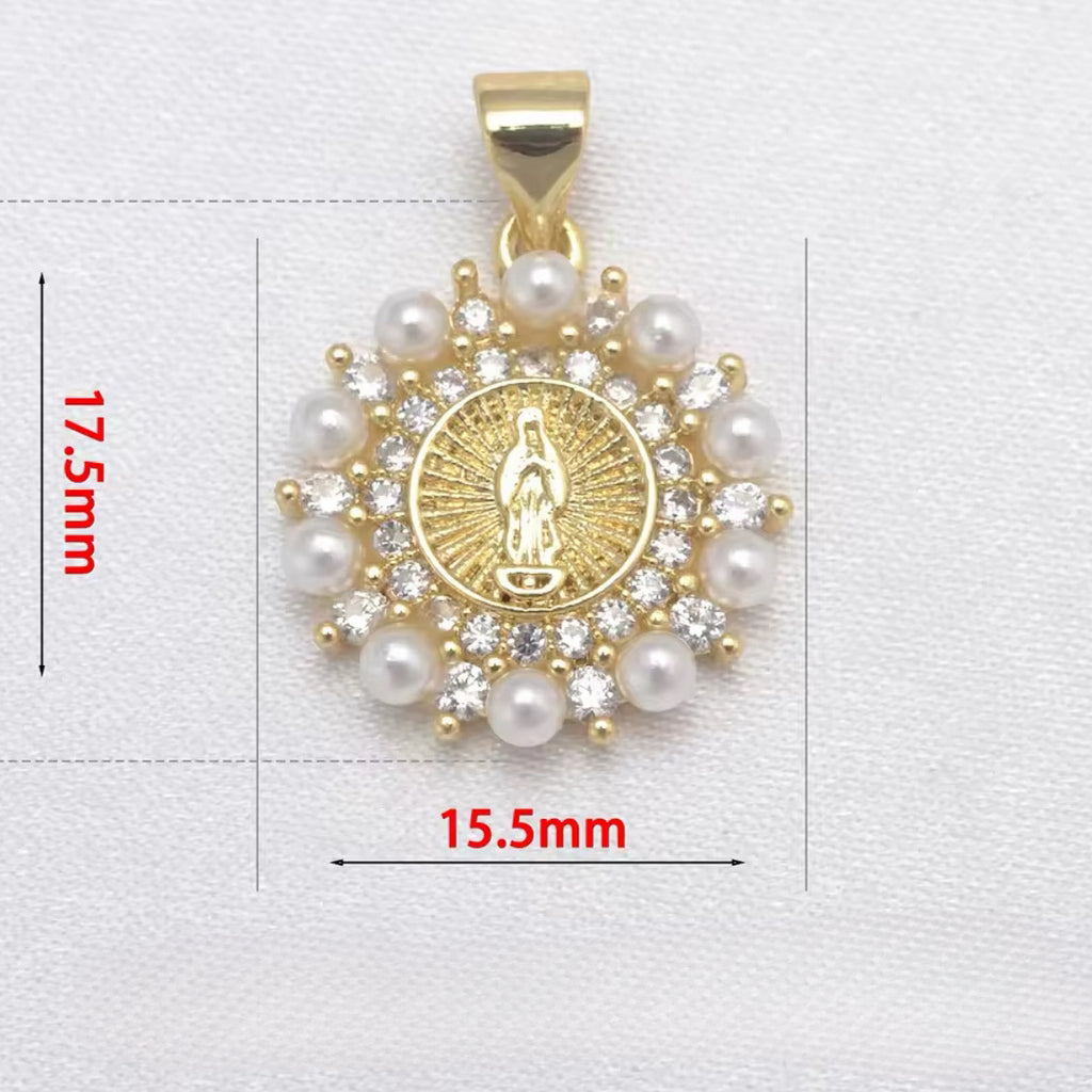 Pearl/CZ Virgin Mary Medallion Necklace - Gold