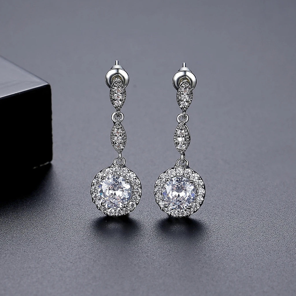 CZ Round Drop Stud Earrings - Silver