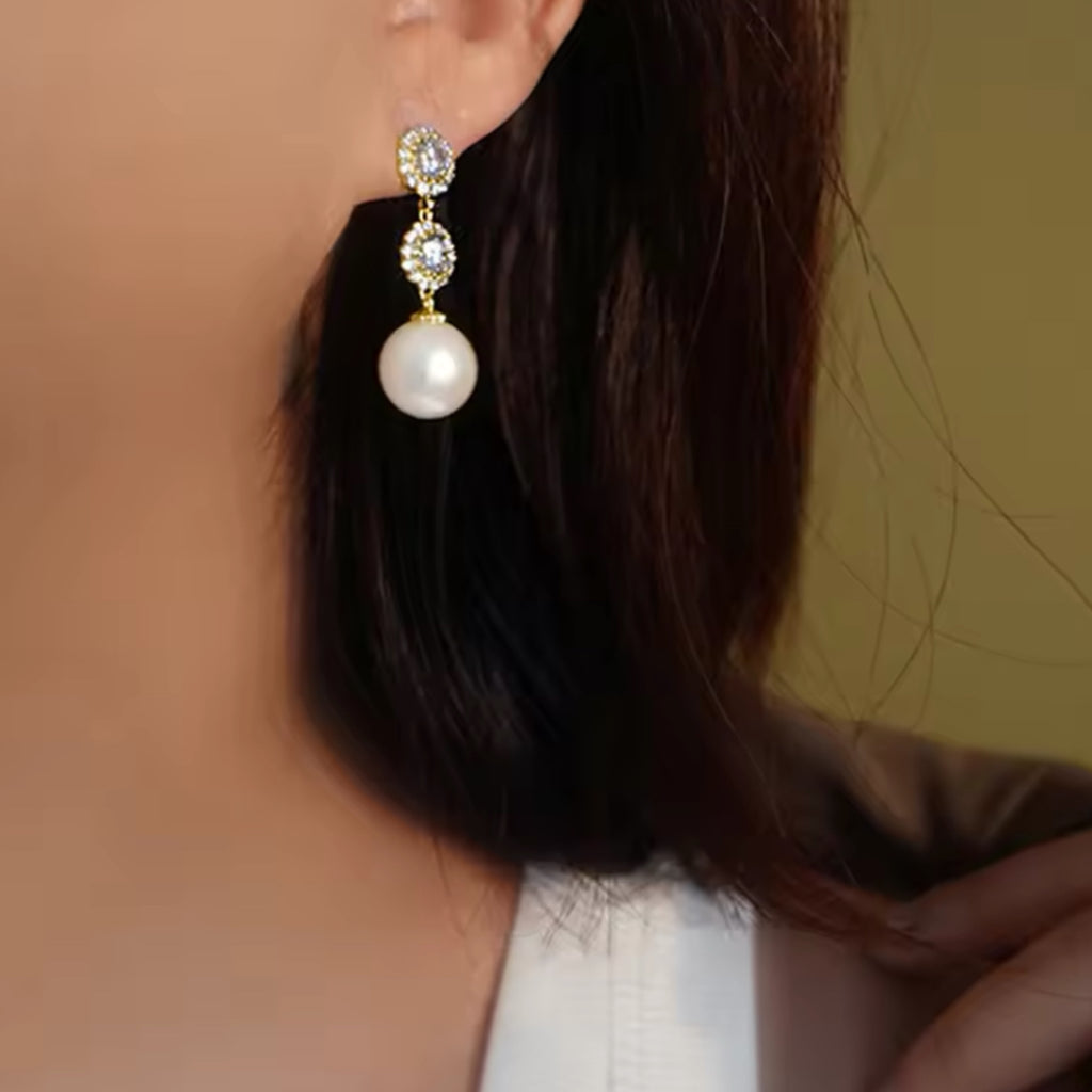 Drop CZ Pearl Stud Earrings - Gold