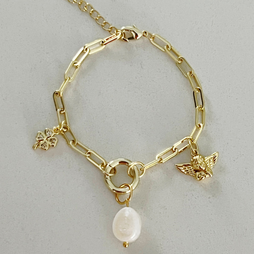 Guardian Angel Charm Bracelet with Pearl and Mini CZ Clover - Gold