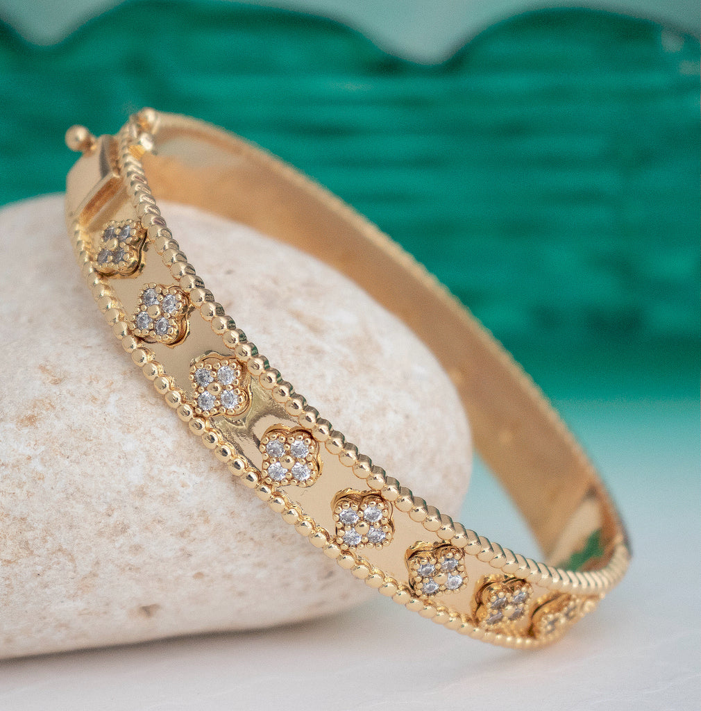 Fancy CZ Clover Bangle Bracelet - Gold or Silver