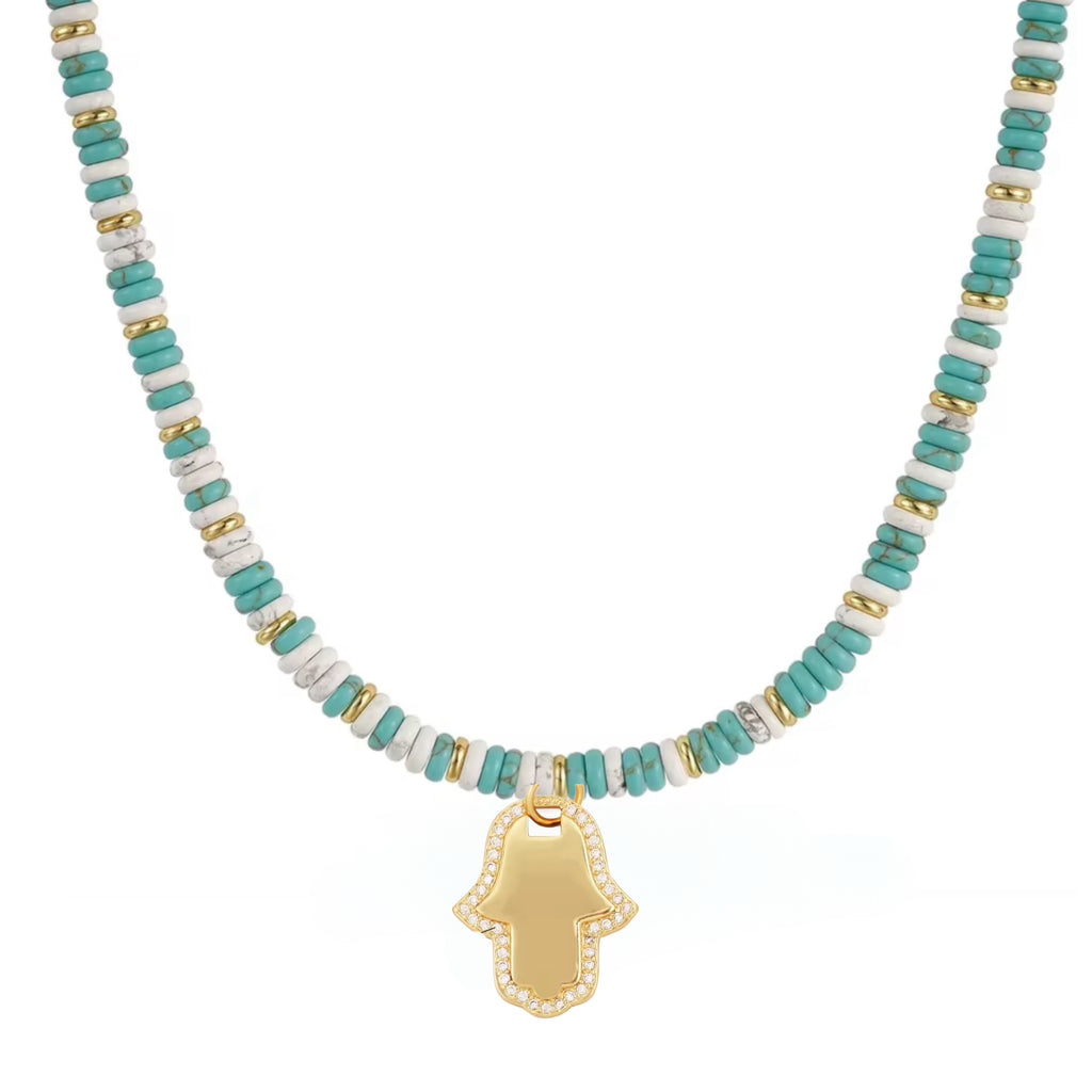 Beaded Gemstone Choker Hamsa Necklace - 14K Gold Plated