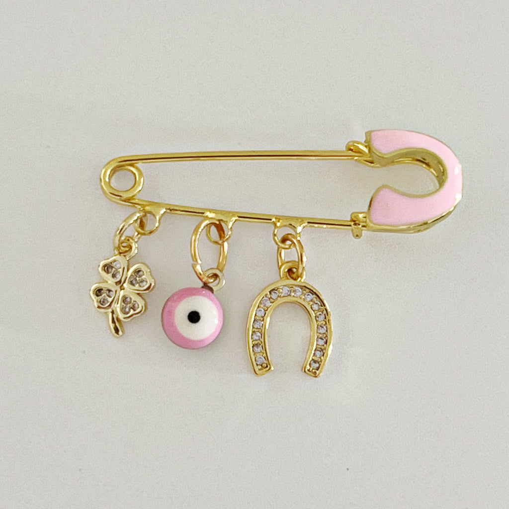 4 CM Pink Enamel Protection Pin With a Clover and Horseshoe Charms - Gold