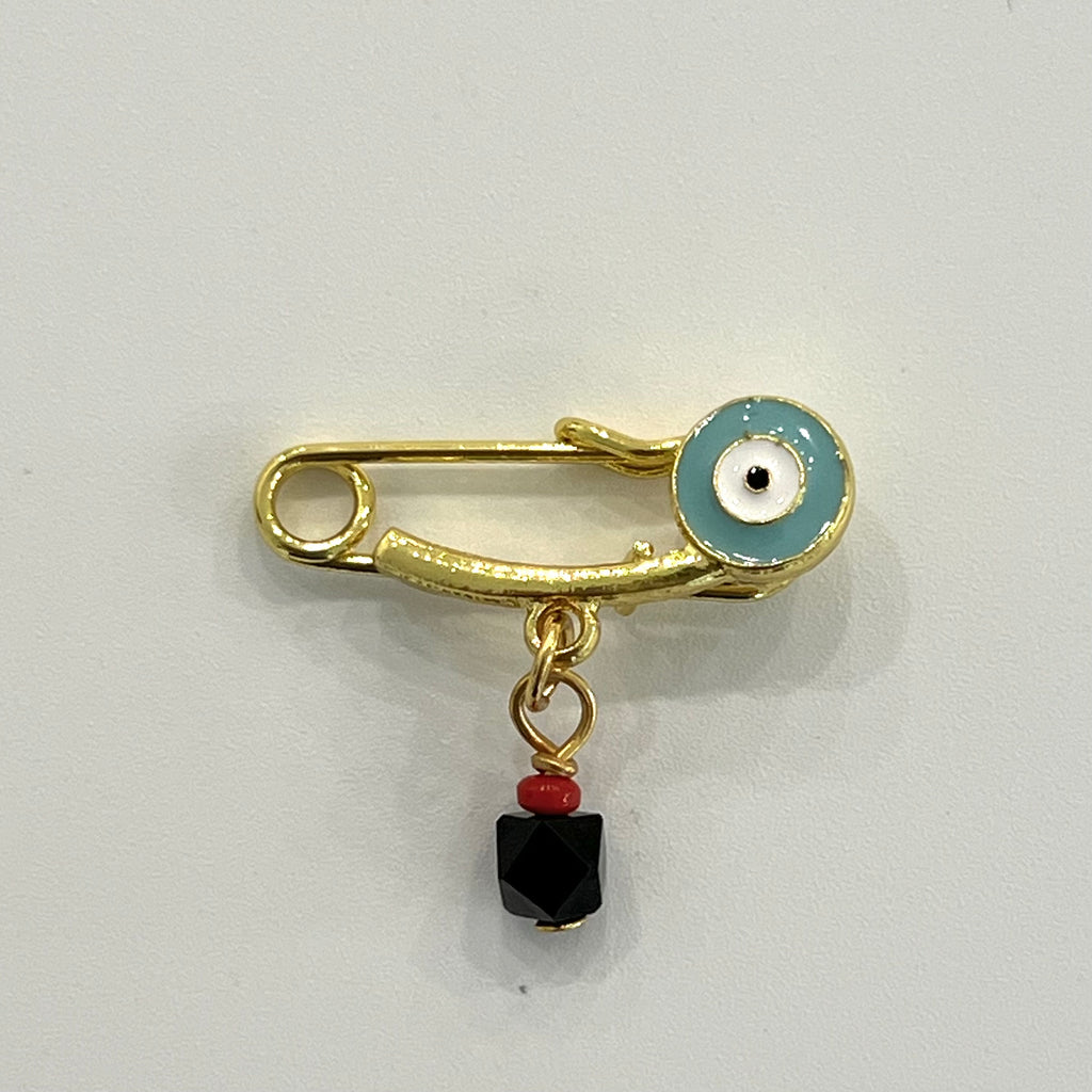 Enamel Evil Eye Baby Pin with Genuine Jet Black Azabache - Gold