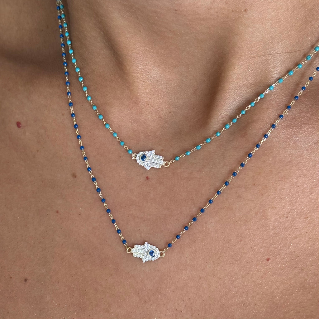 Sterling Silver Gold Plated CZ Hamsa Beaded Necklace