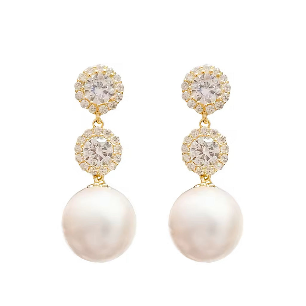 Drop CZ Pearl Stud Earrings - Gold