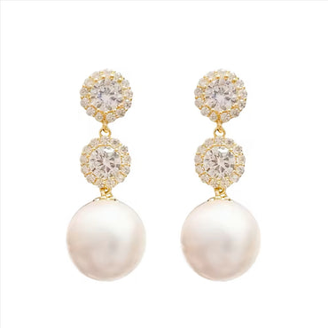 Drop CZ Pearl Stud Earrings - Gold