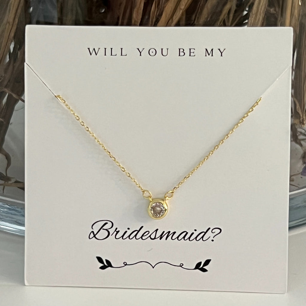 Bridesmaid Bezel CZ Solitaire Necklace - Gold or Silver