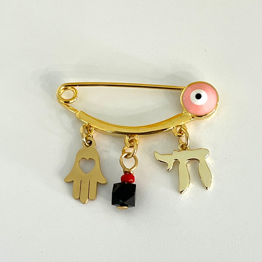 3.8 CM Enamel Evil Eye Pin with Genuine Azabache - Gold