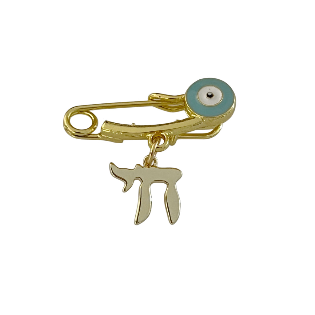 2.8 CM Enamel Evil Eye Pin With Chai Charm For Babies Or Ladies - Gold