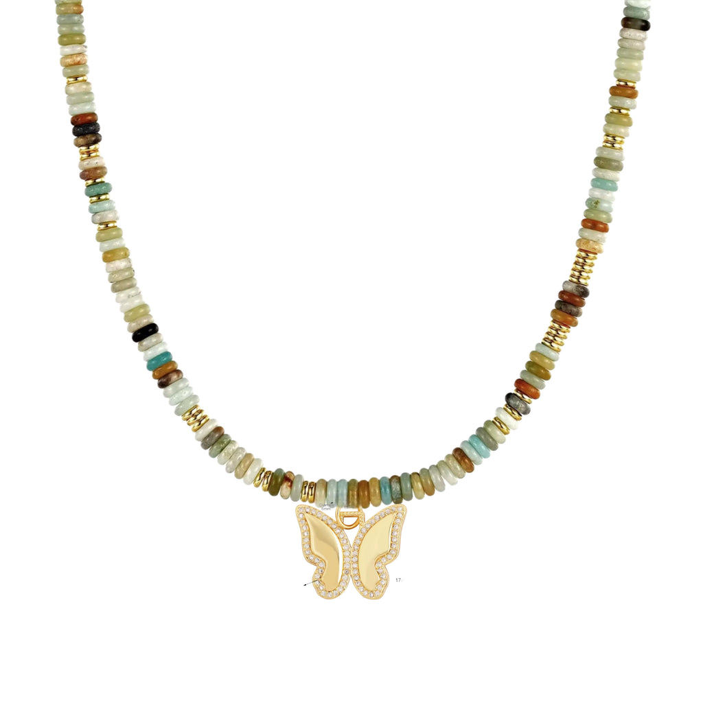 Beaded Gemstone Choker Butterfly Necklace - 14K Gold Plated
