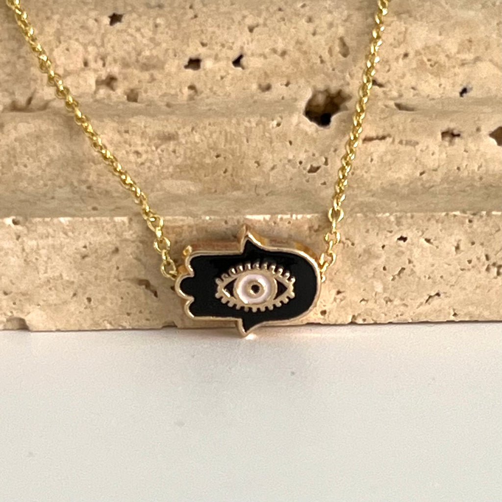 Enamel Mini Hamsa Pendant Necklace - Gold