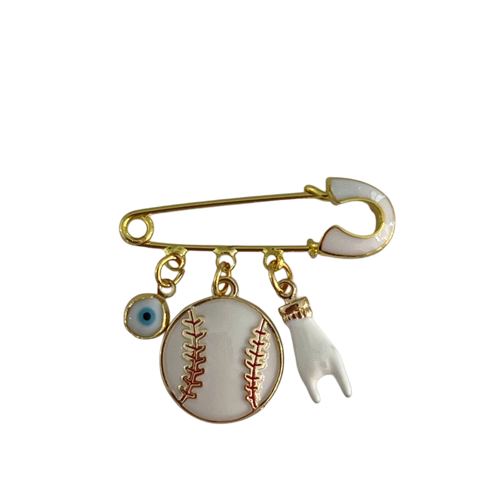 4 CM White Enamel Pin With Baseball Ball Charm - Gold