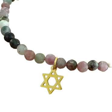 Tourmaline Gemstone Beaded Bracelet with Hamsa, Chai or Star of David Charm.