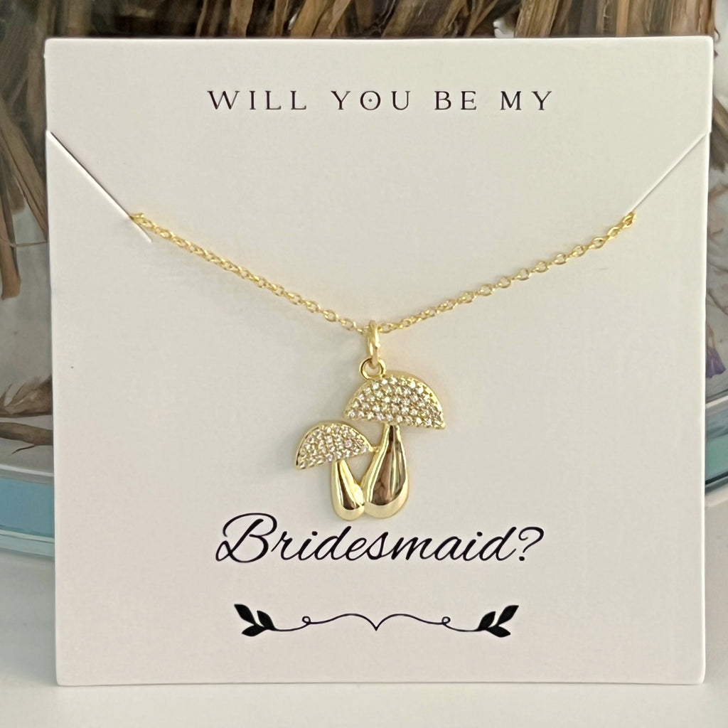 Bridesmaid CZ - 14K Gold Plated 2 Mushrooms Pendant Necklace