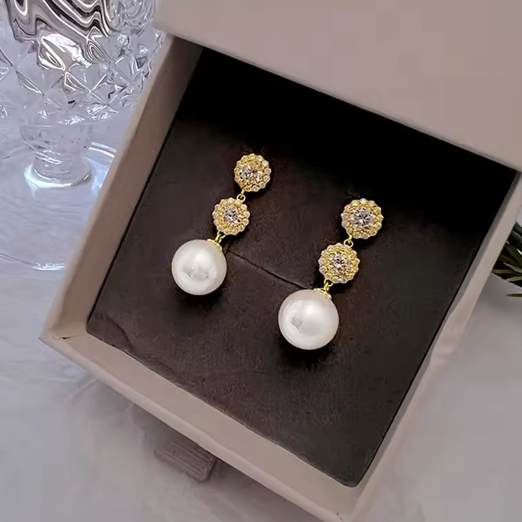 Drop CZ Pearl Stud Earrings - Gold