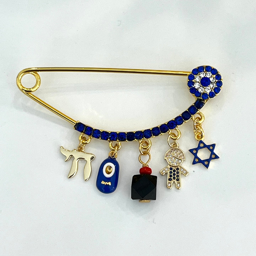 CZ Dark Blue Evil Eye Baby Pin With Genuine Azabache - Gold