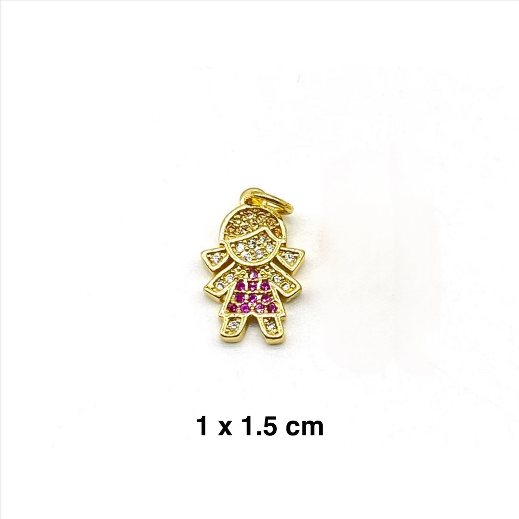 4 CM Pearl Pin With Fuchsia Pink Cross and Girl Charms - Gold