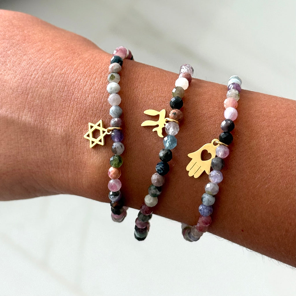 Tourmaline Gemstone Beaded Bracelet with Hamsa, Chai or Star of David Charm.