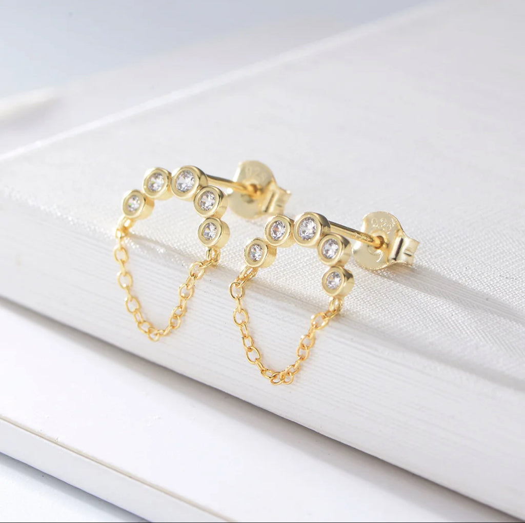 CZ Dangle Chain Studs Earrings - Gold.