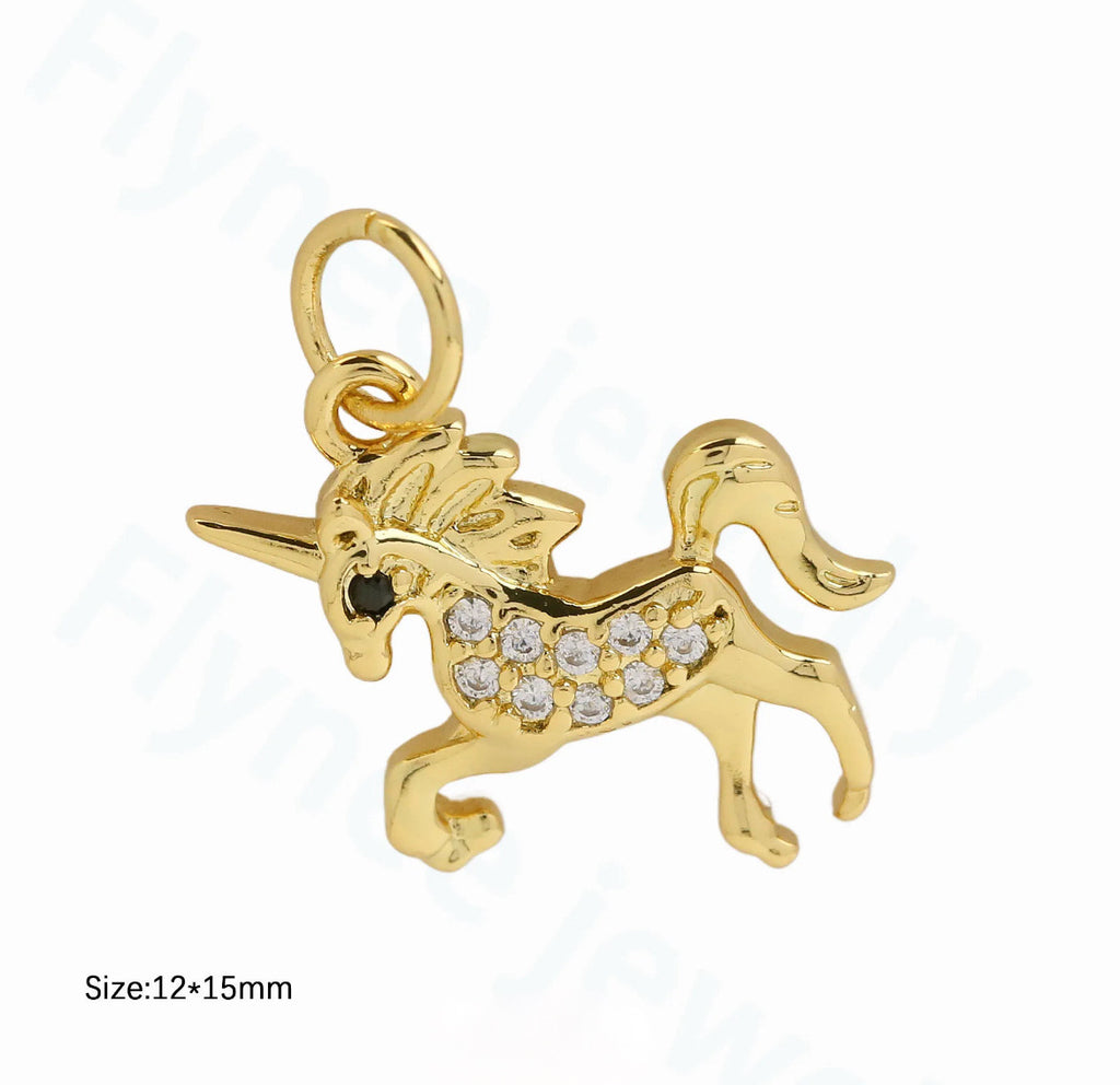 CZ Unicorn/Genuine Azabache Charms Necklace - Gold