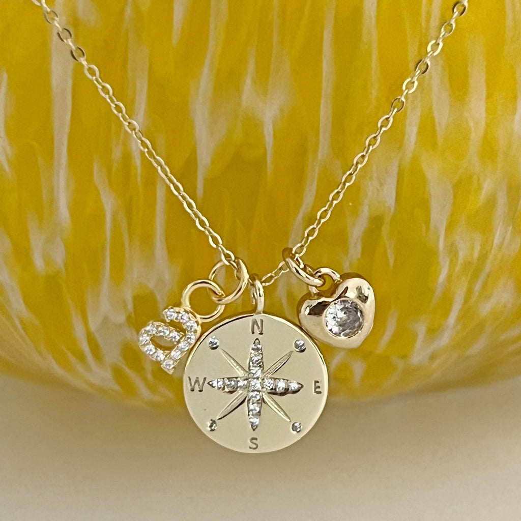 Personalized Compass/Heart Charms Necklace - Gold