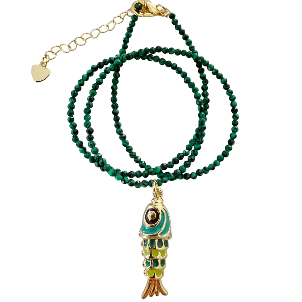 Enamel Fish Gemstone Necklace - Gold
