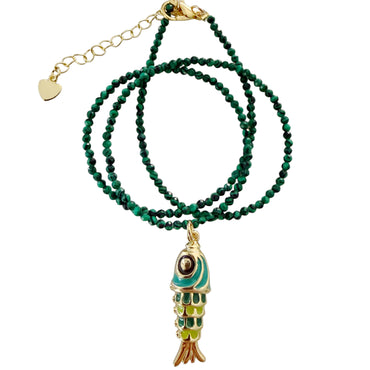 Enamel Fish Gemstone Necklace - Gold