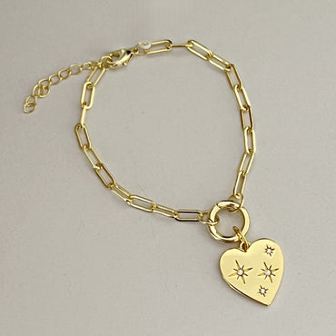 CZ Heart Push Front Clasp Paperclip Chain Bracelet - Gold