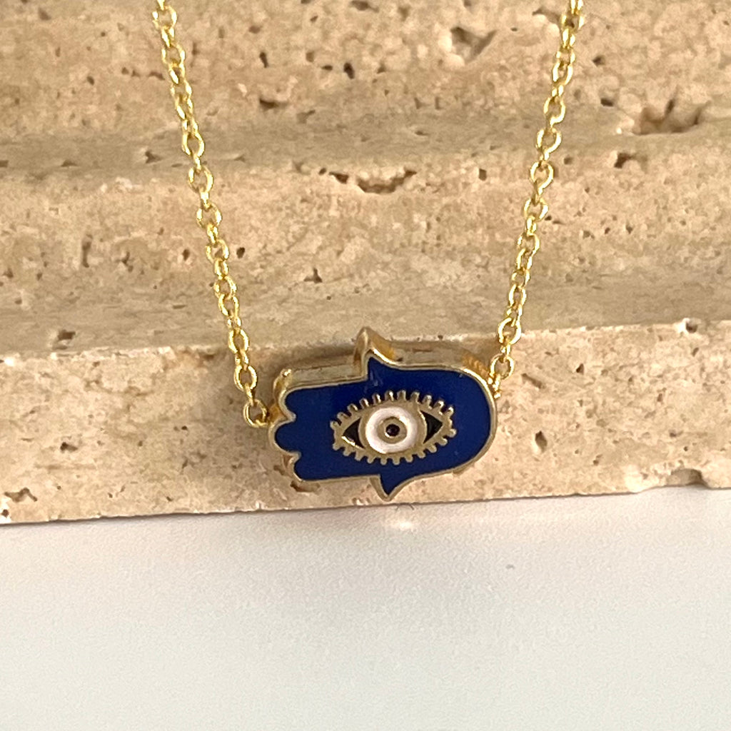 Enamel Mini Hamsa Pendant Necklace - Gold