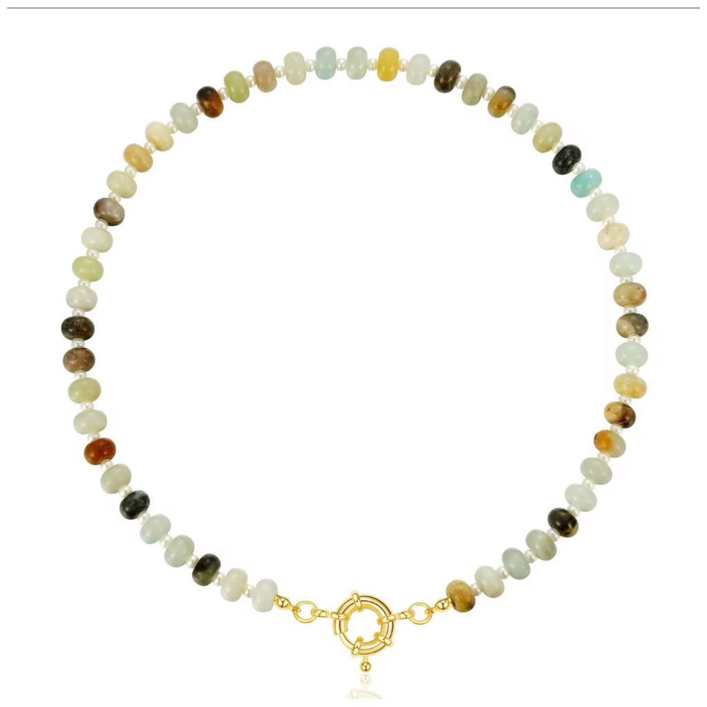 Beaded Gemstone Choker Heart Necklace - 18K Gold Plated