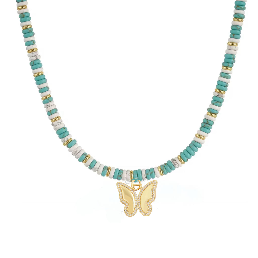 Beaded Gemstone Choker Butterfly Necklace - 14K Gold Plated