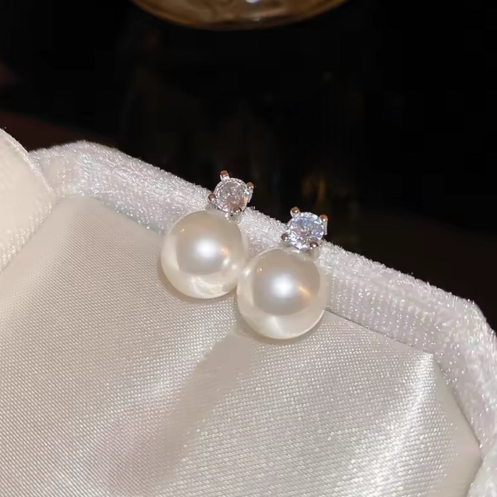 CZ and Pearl Stud Earrings - Silver