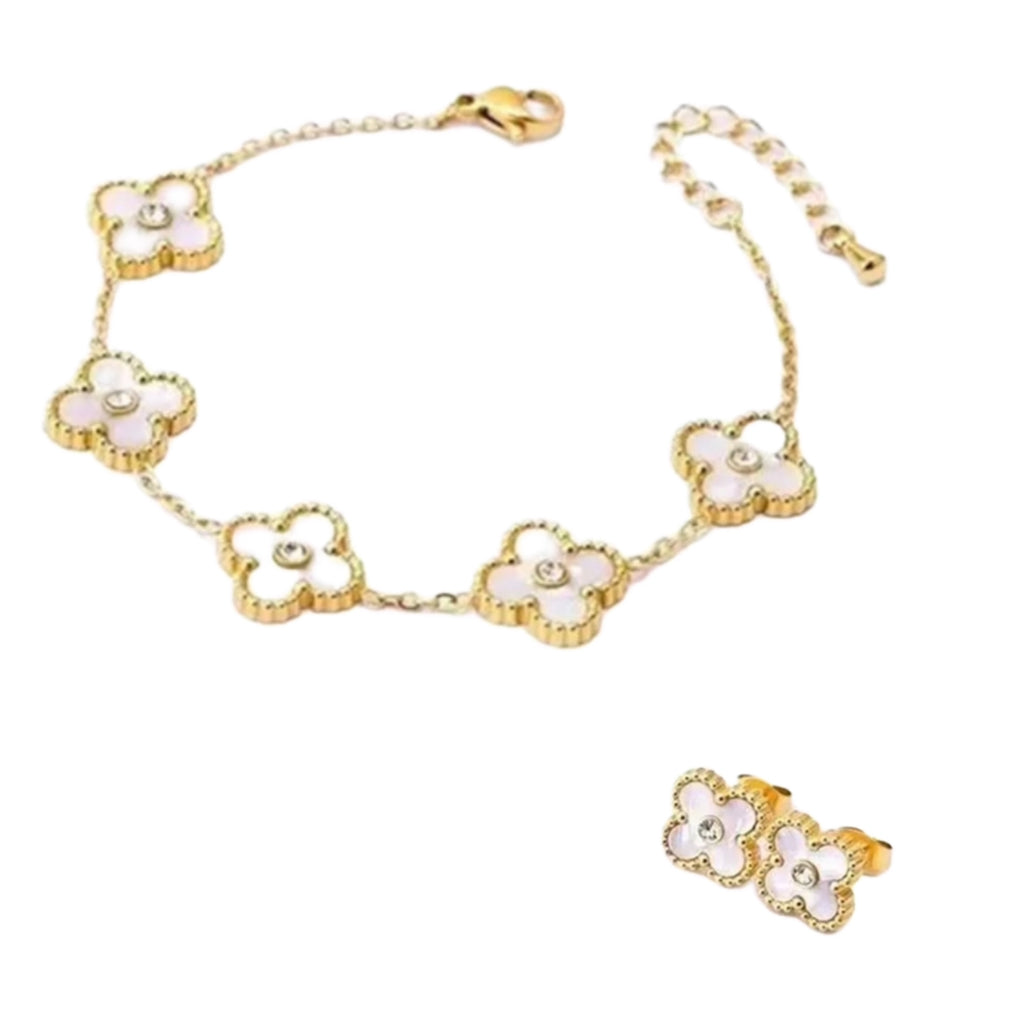 Stainless Steel Enamel - CZ Clover Set (Bracelet & Earrings)