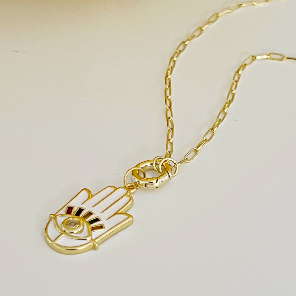 Enamel/CZ Hamsa Paperclip Chain Necklace - Gold