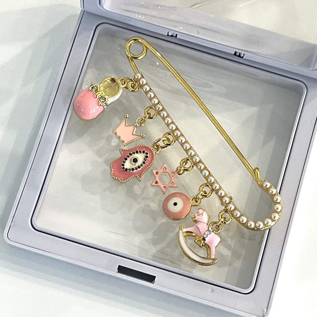 8 CM Pearl Baby Pin with Pink Charms - Gold