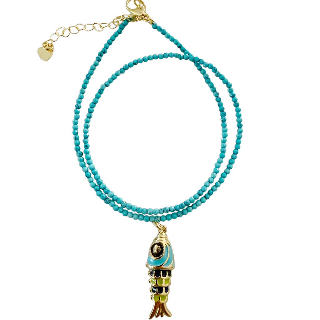 Enamel Fish Gemstone Necklace - Gold