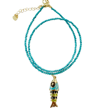 Enamel Fish Gemstone Necklace - Gold