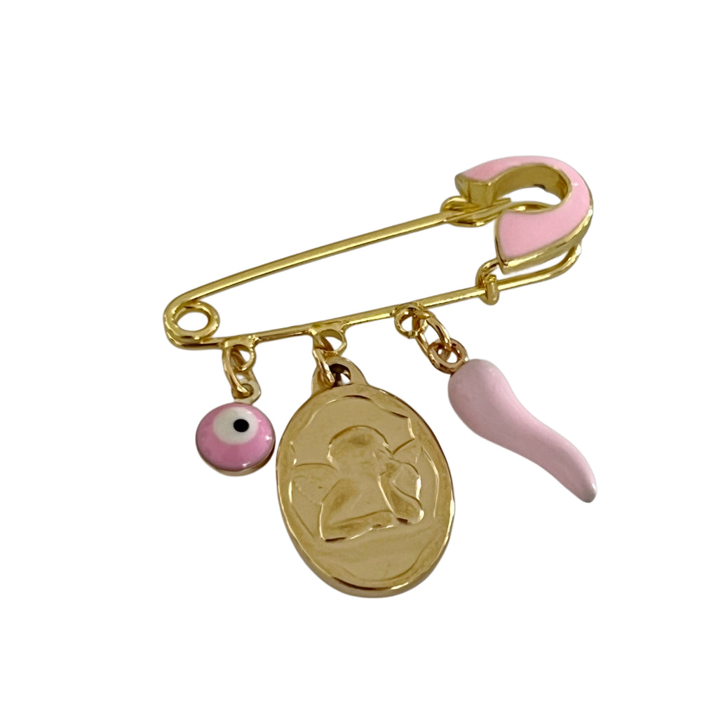 4 CM Enamel Pink Baby Pin With Guardian Angel - Gold