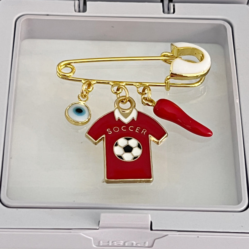 4 CM White Enamel Pin With Soccer Jersey Charm - Gold